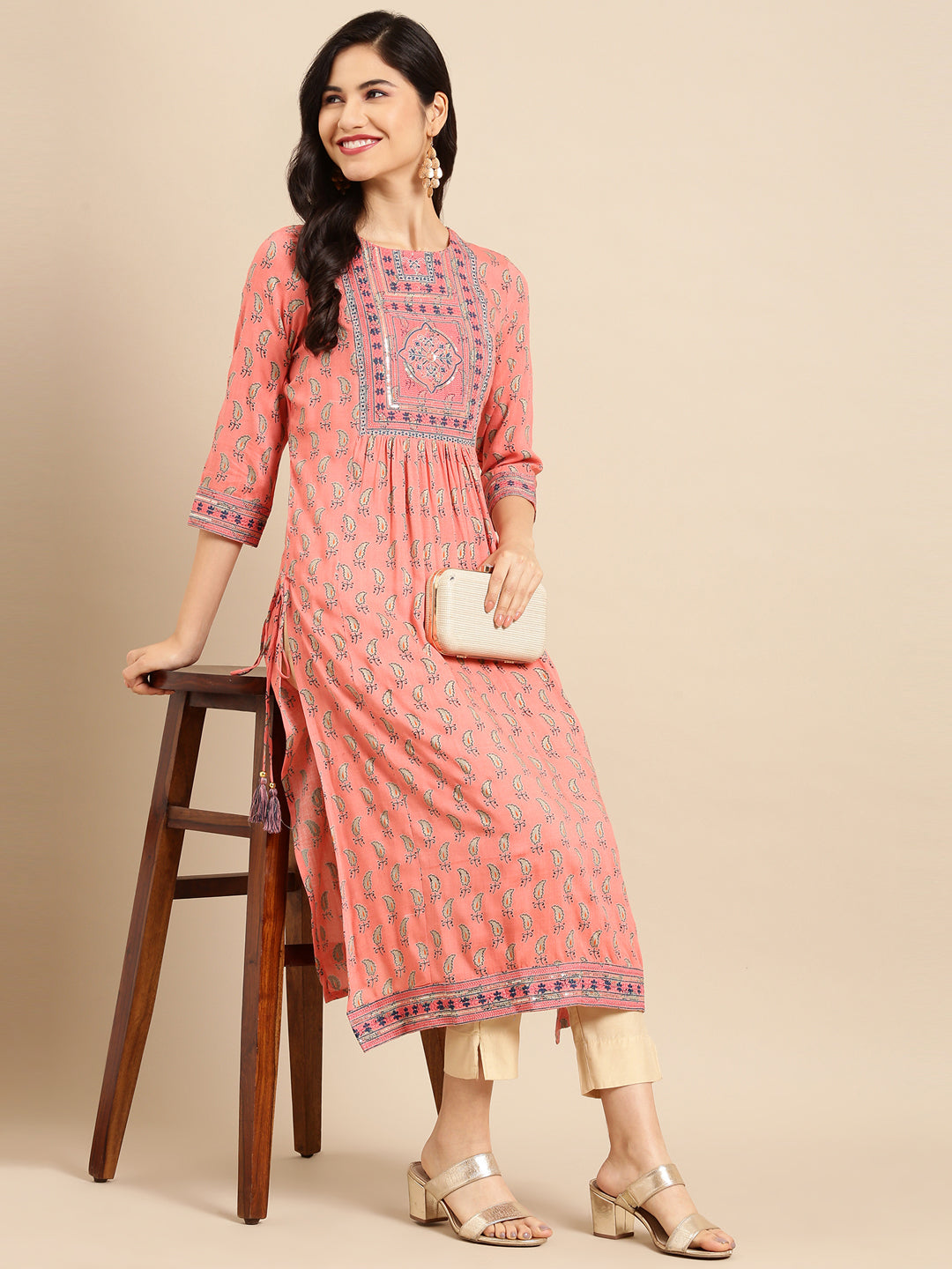 Women's Peach Printed A-Line Kurta