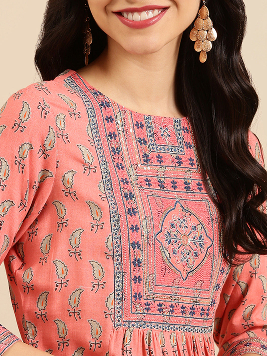 Women's Peach Printed A-Line Kurta