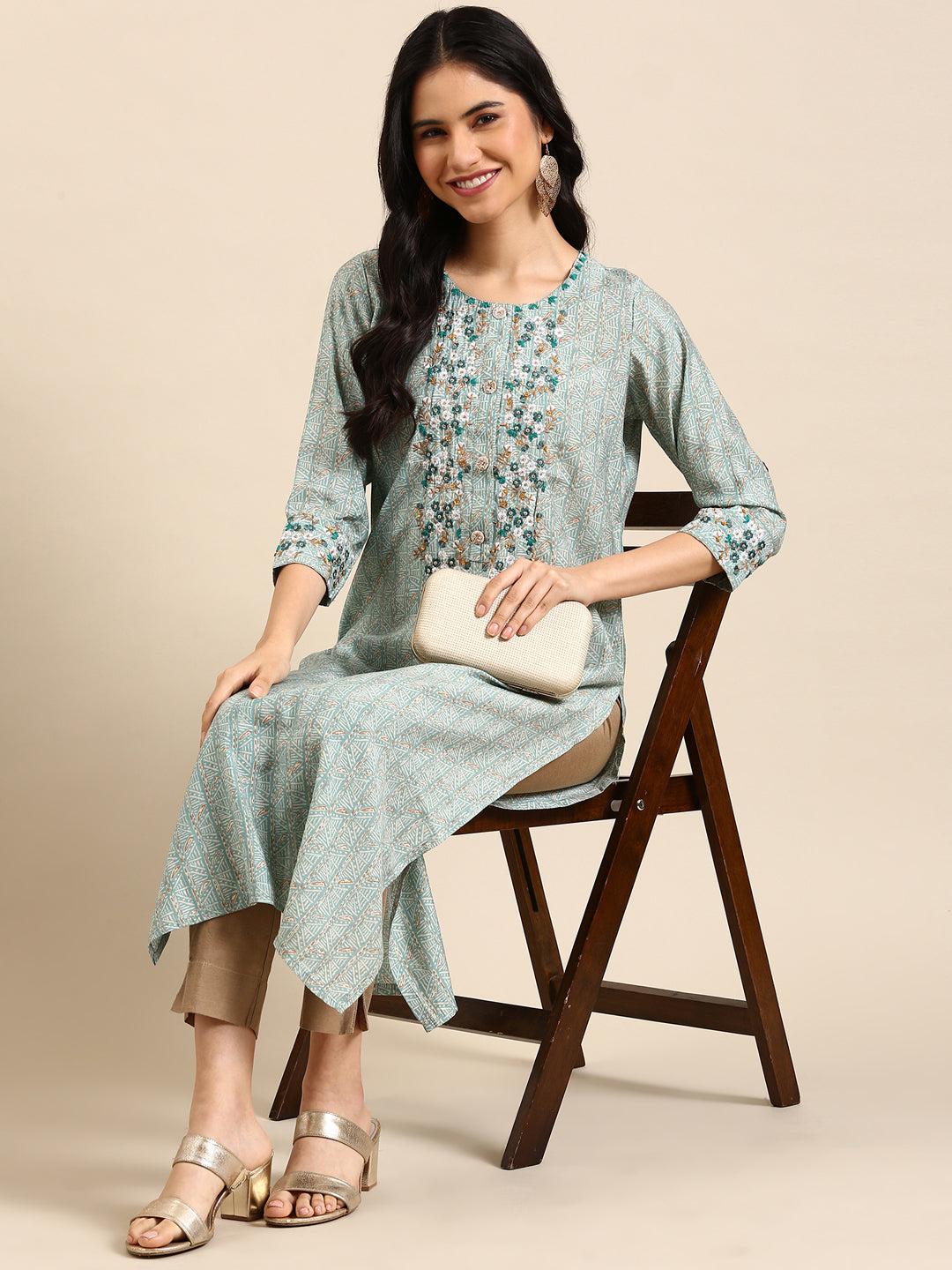 Women's Teal Printed Straight Kurta