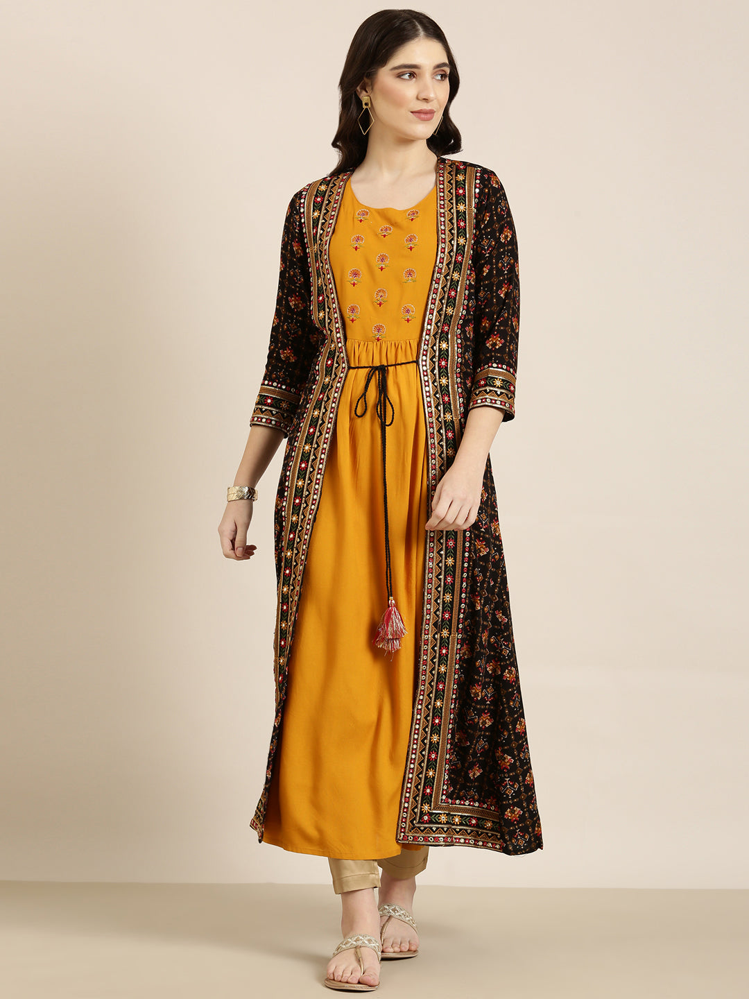 Women Mustard Solid Anarkali Kurta