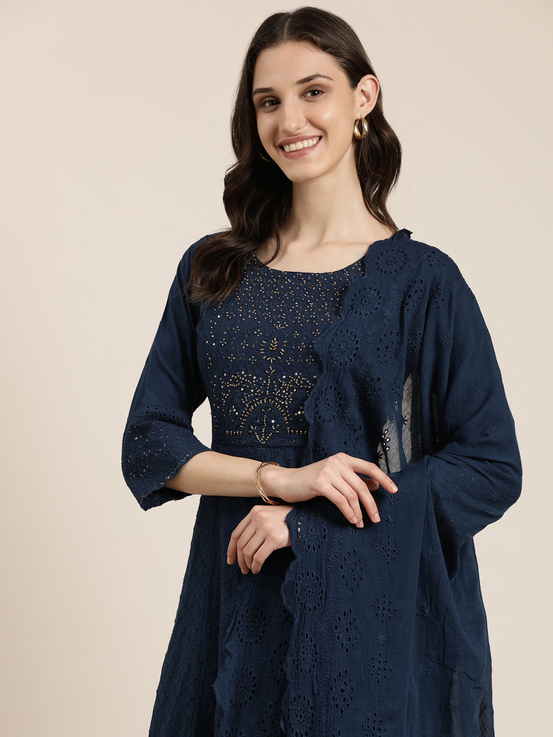 Women Navy Blue Solid Kurta Set