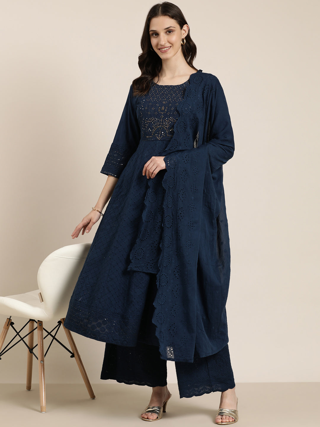 Women Navy Blue Solid Kurta Set