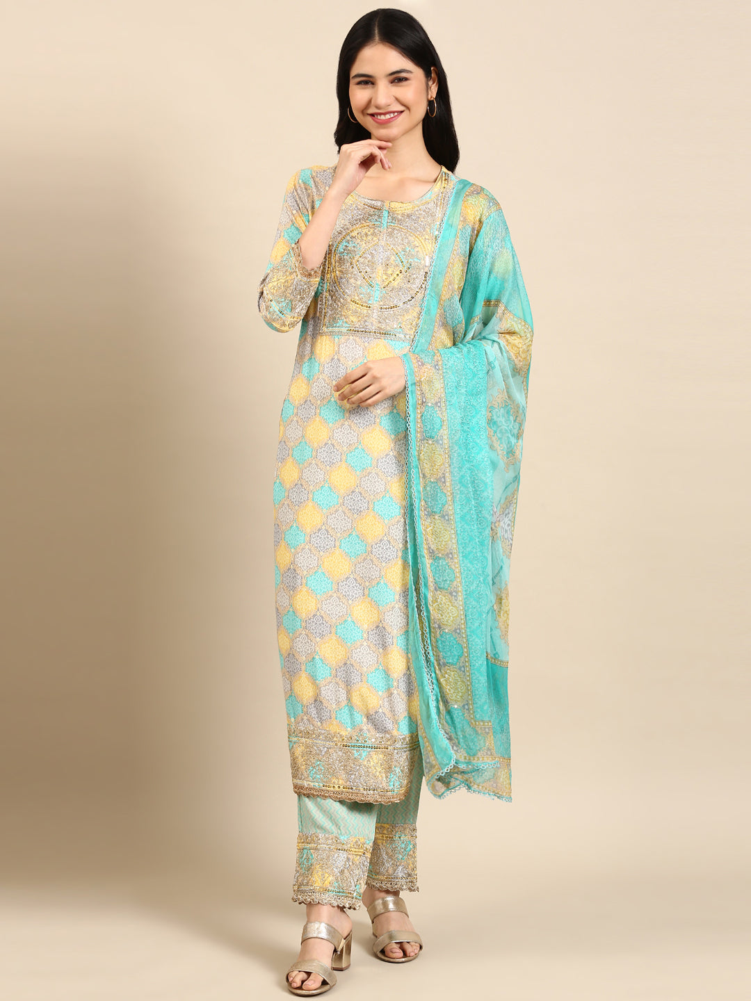 Women's Blue Colourblock Kurta Set