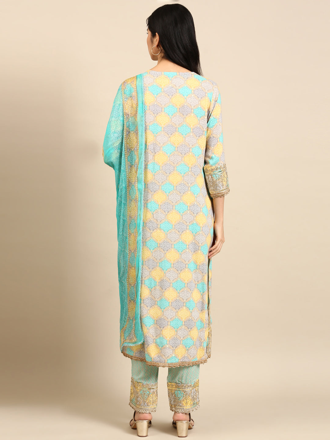 Women's Blue Colourblock Kurta Set