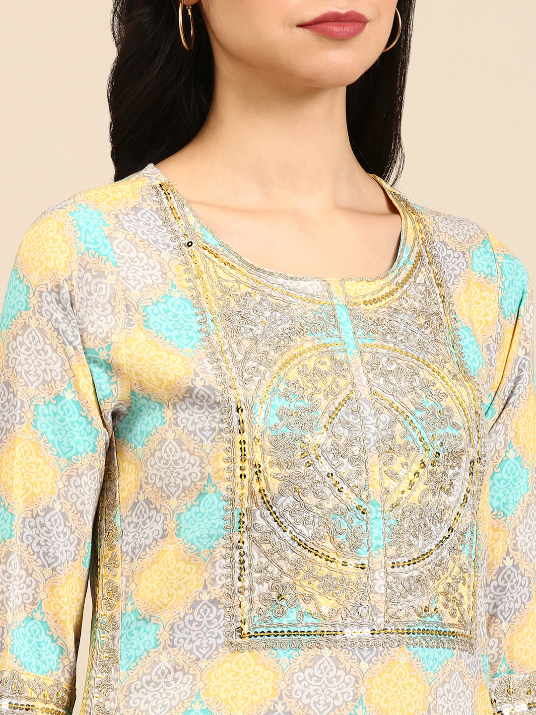 Women's Blue Colourblock Kurta Set