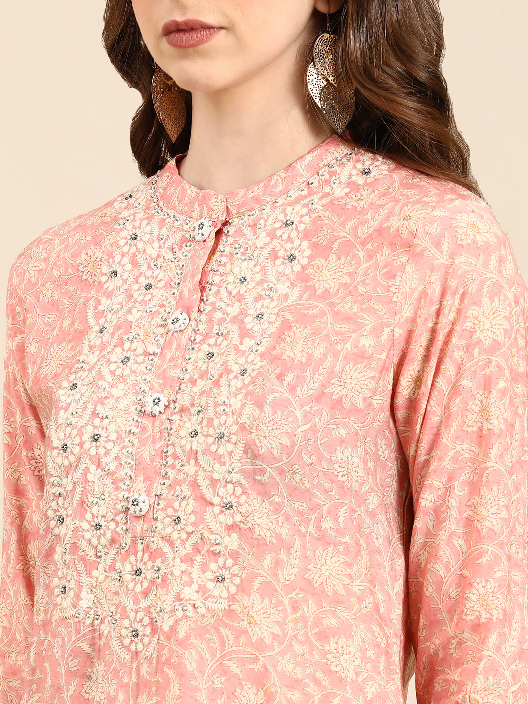 Women's Peach Floral Straight Kurta