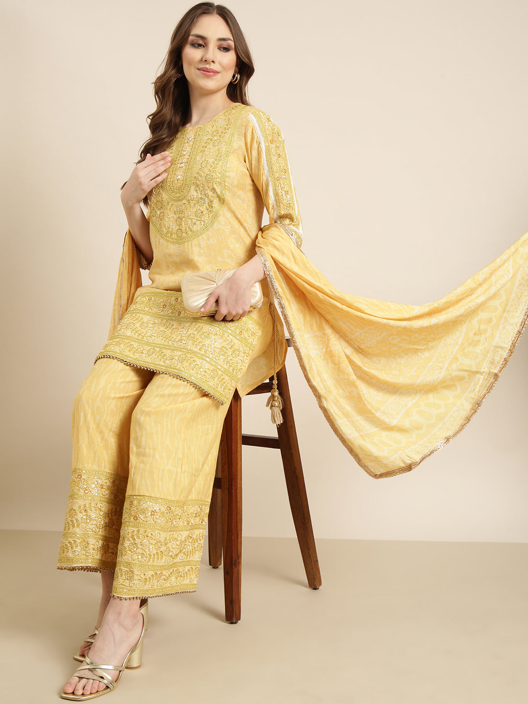 Women Straight Yellow Floral Kurti and Palazzos Set Comes With Dupatta