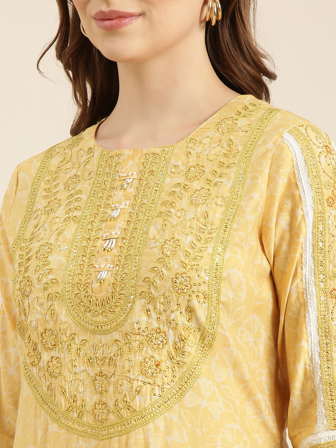 Women Straight Yellow Floral Kurti and Palazzos Set Comes With Dupatta