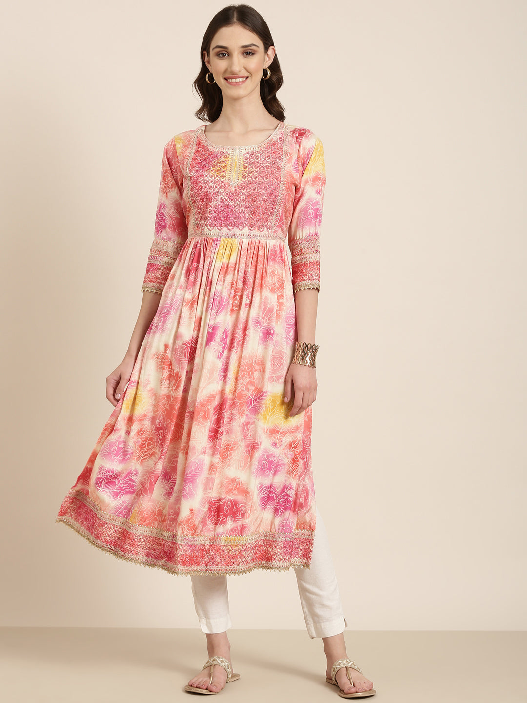 Women Peach Printed Anarkali Kurta