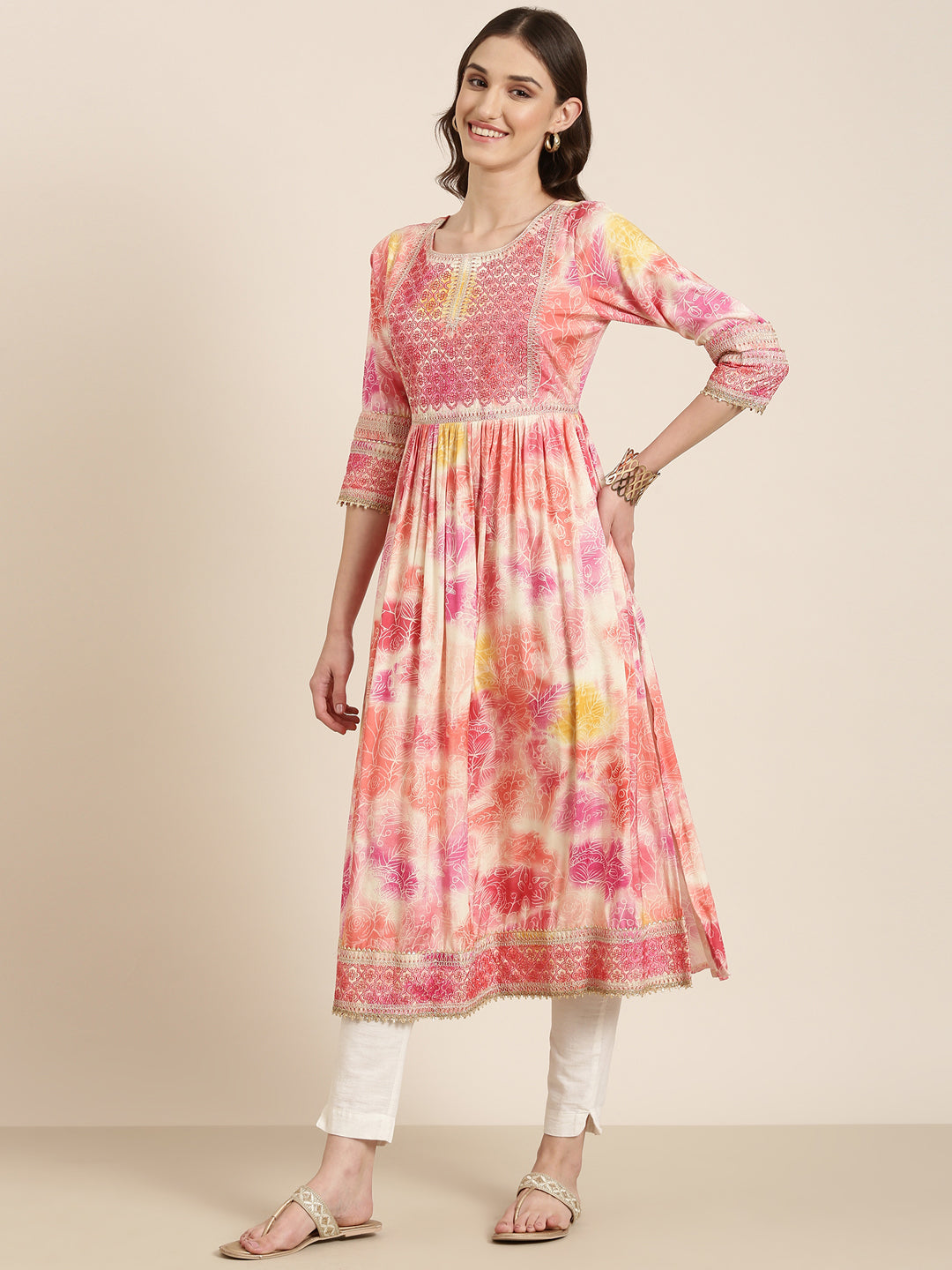 Women Peach Printed Anarkali Kurta