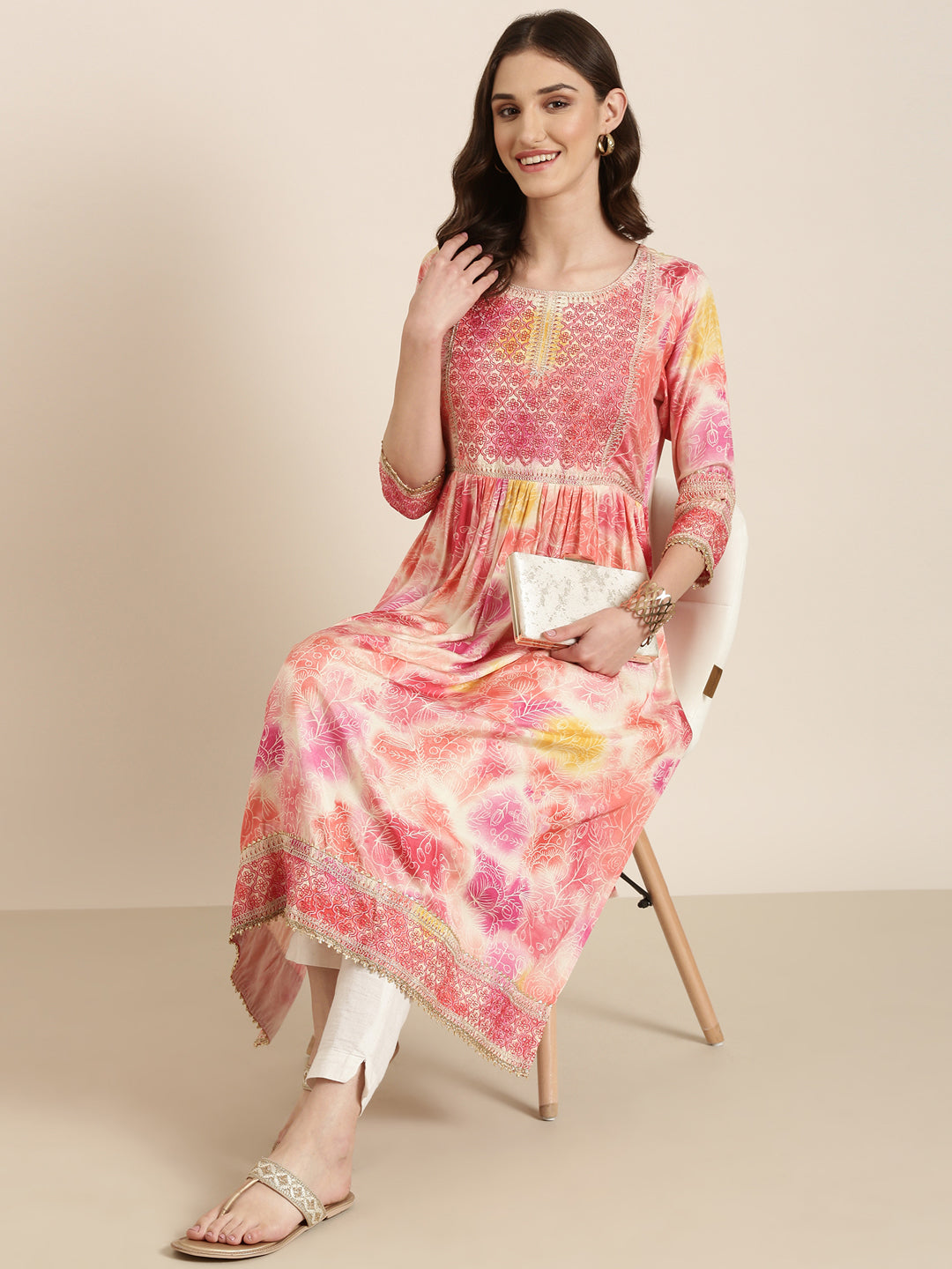 Women Peach Printed Anarkali Kurta