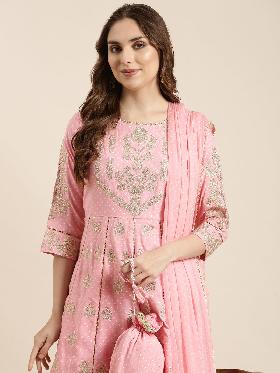 Women Anarkali Pink Floral Kurta and Trousers Set Comes With Dupatta and Potli Bag