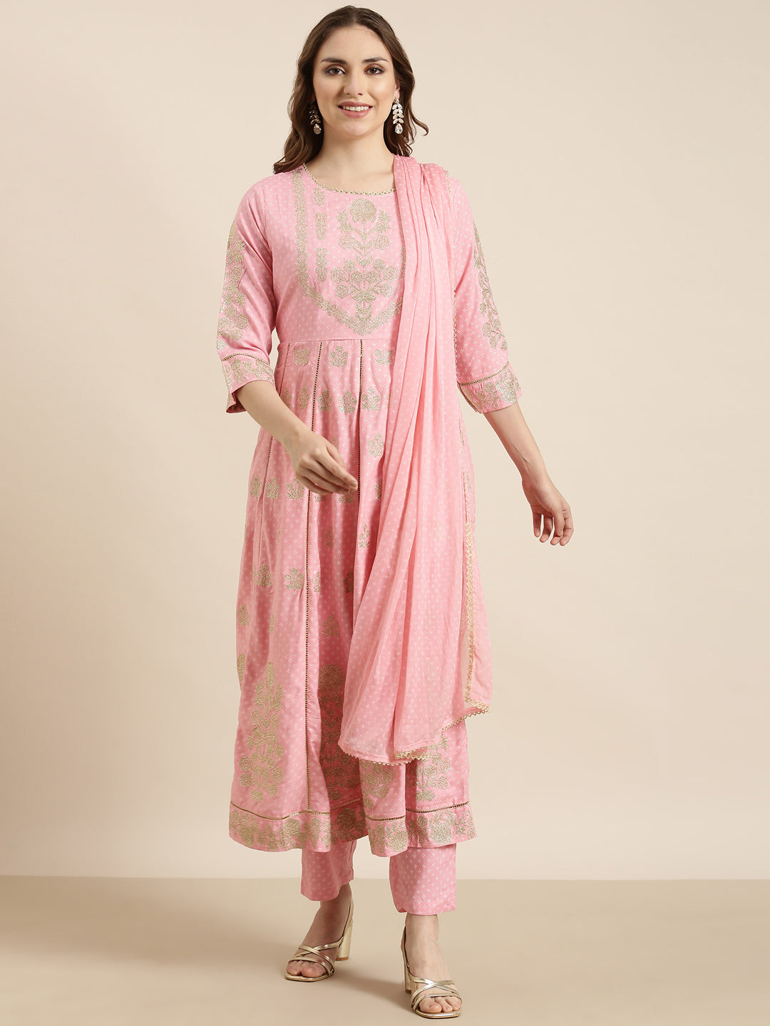 Women Anarkali Pink Floral Kurta and Trousers Set Comes With Dupatta and Potli Bag