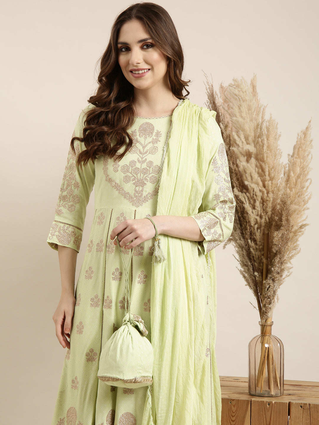 Women Anarkali Green Floral Kurta and Trousers Set Comes With Dupatta and Potli Bag