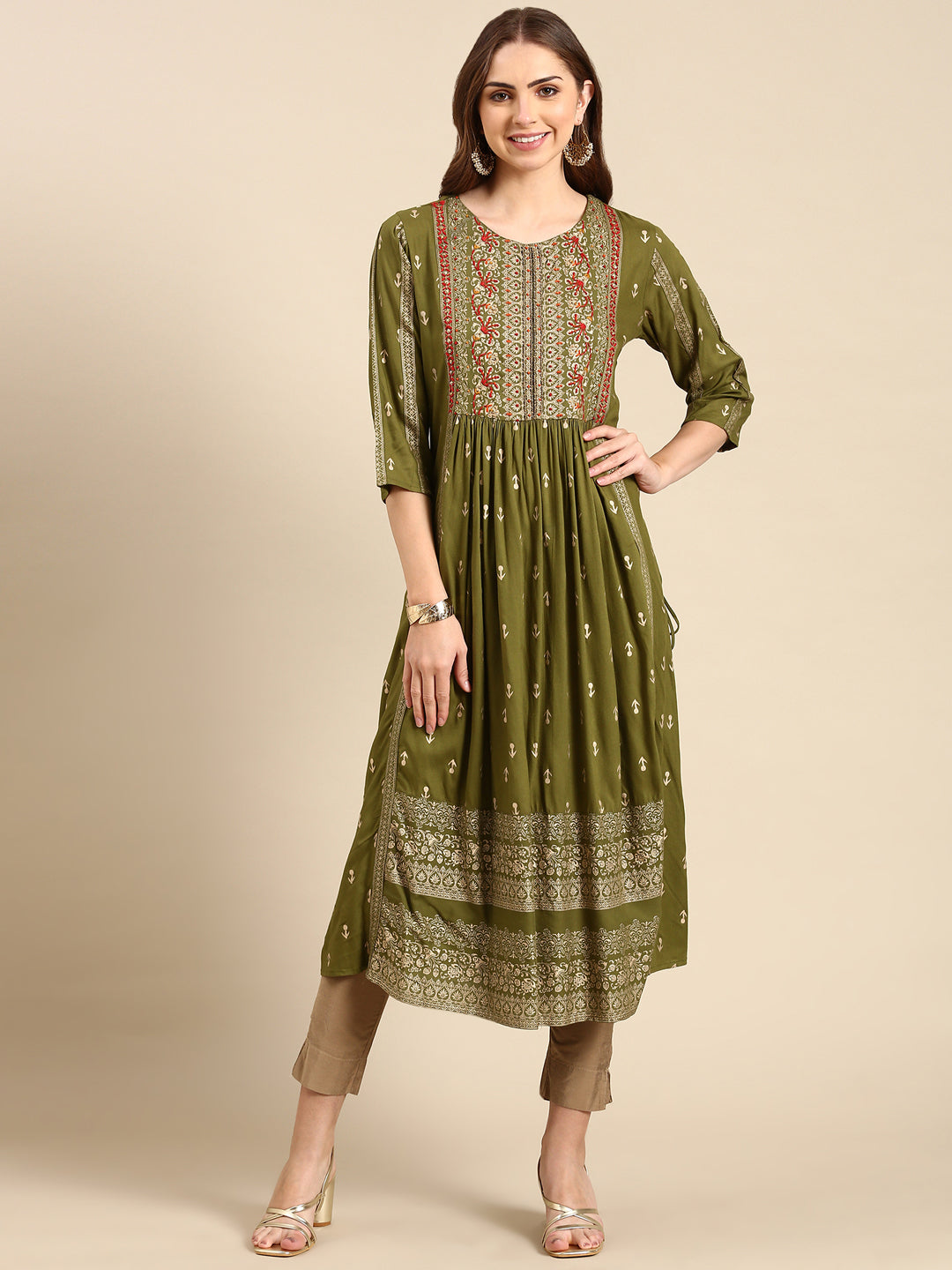 Women's Olive Printed Anarkali Kurta