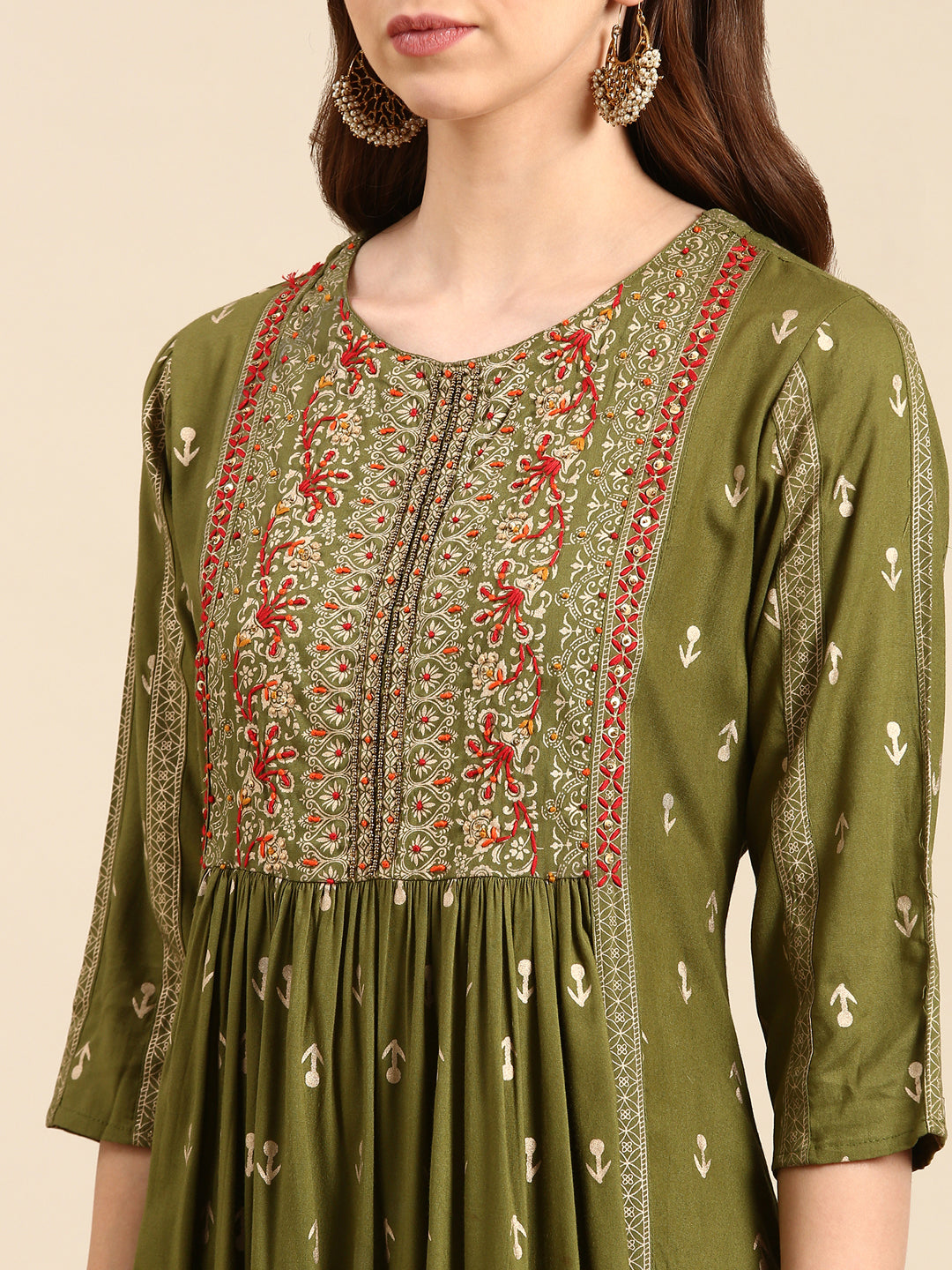 Women's Olive Printed Anarkali Kurta