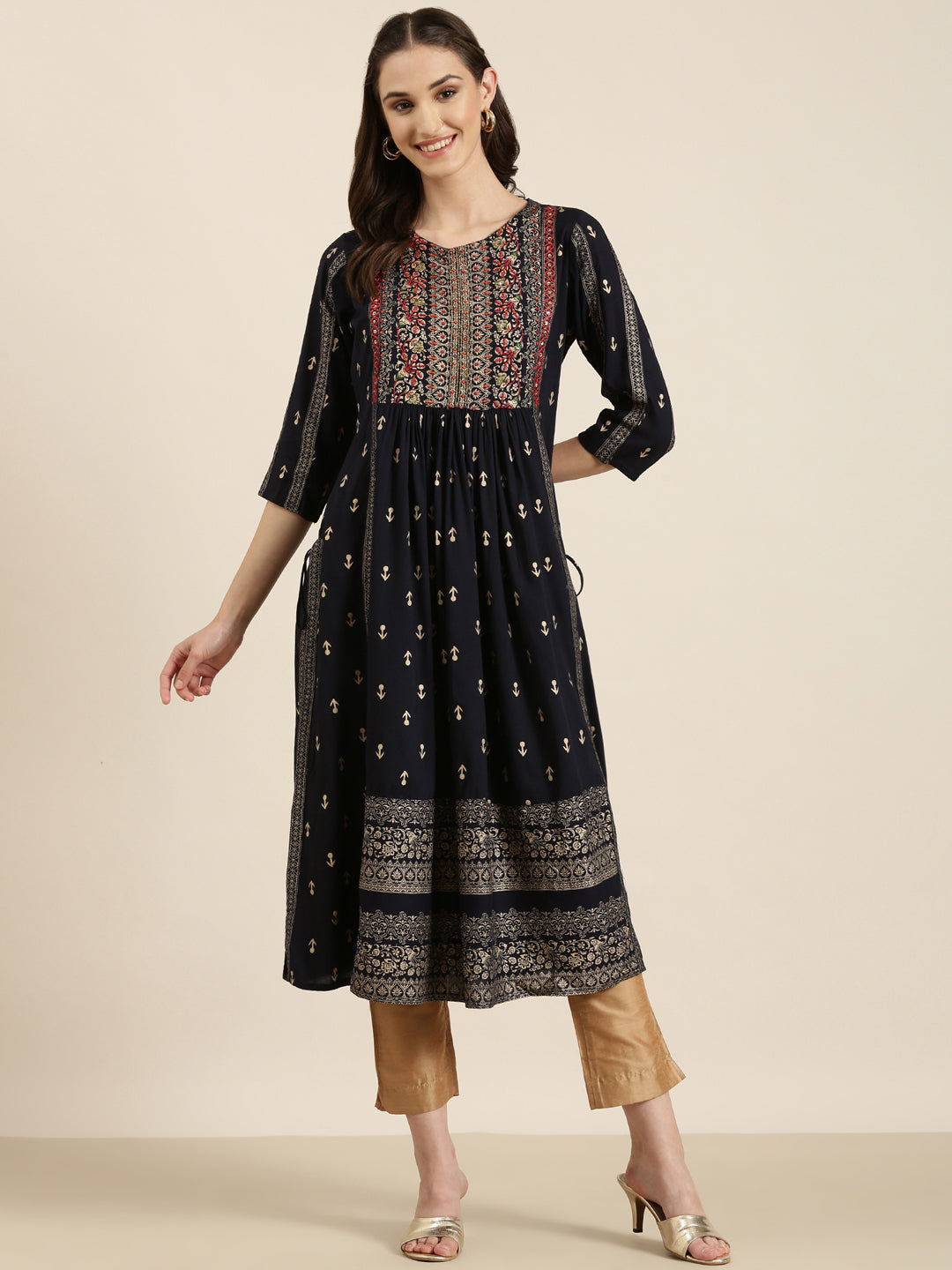 Women Navy Blue Printed A-Line Kurta