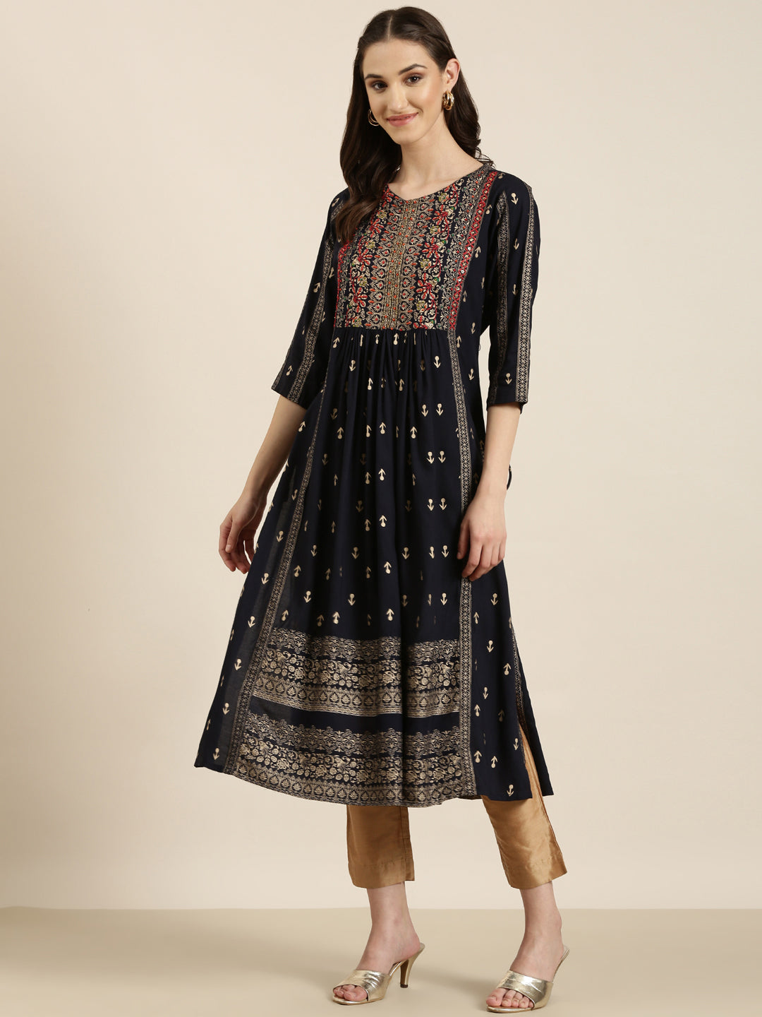 Women Navy Blue Printed A-Line Kurta