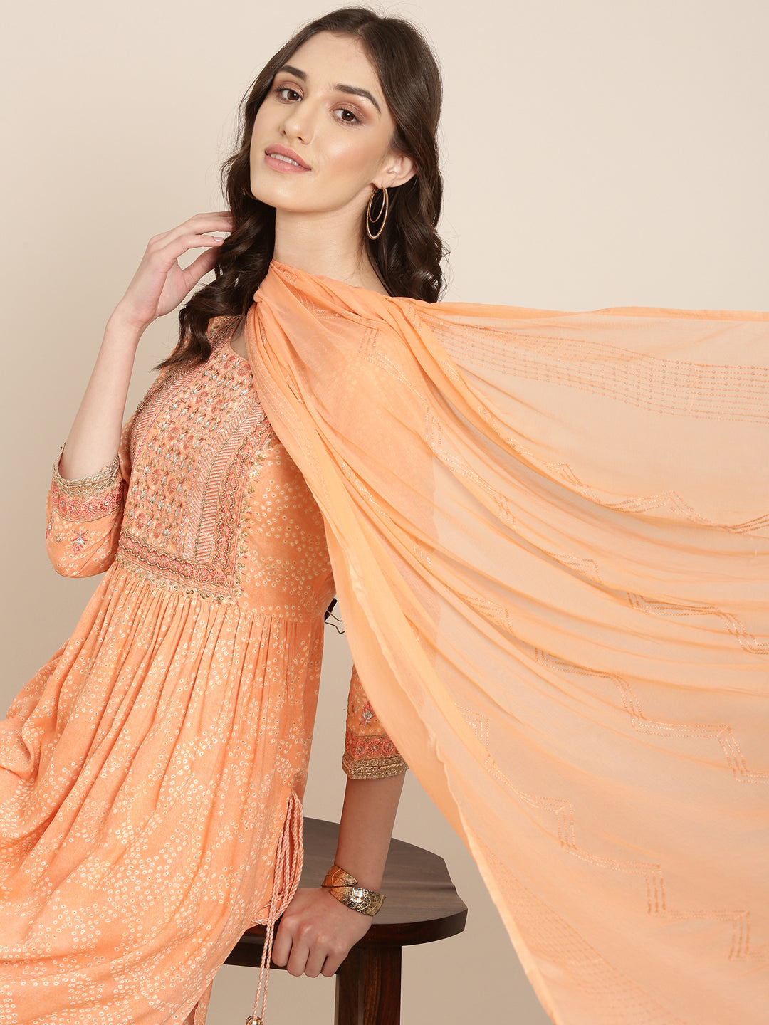 Women Peach Printed Kurta Set