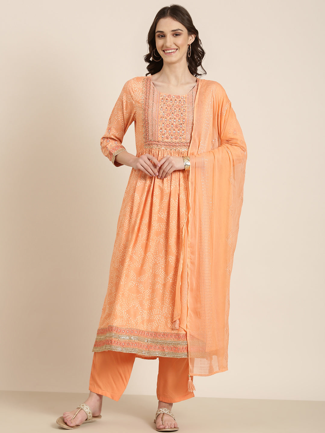 Women Peach Printed Kurta Set