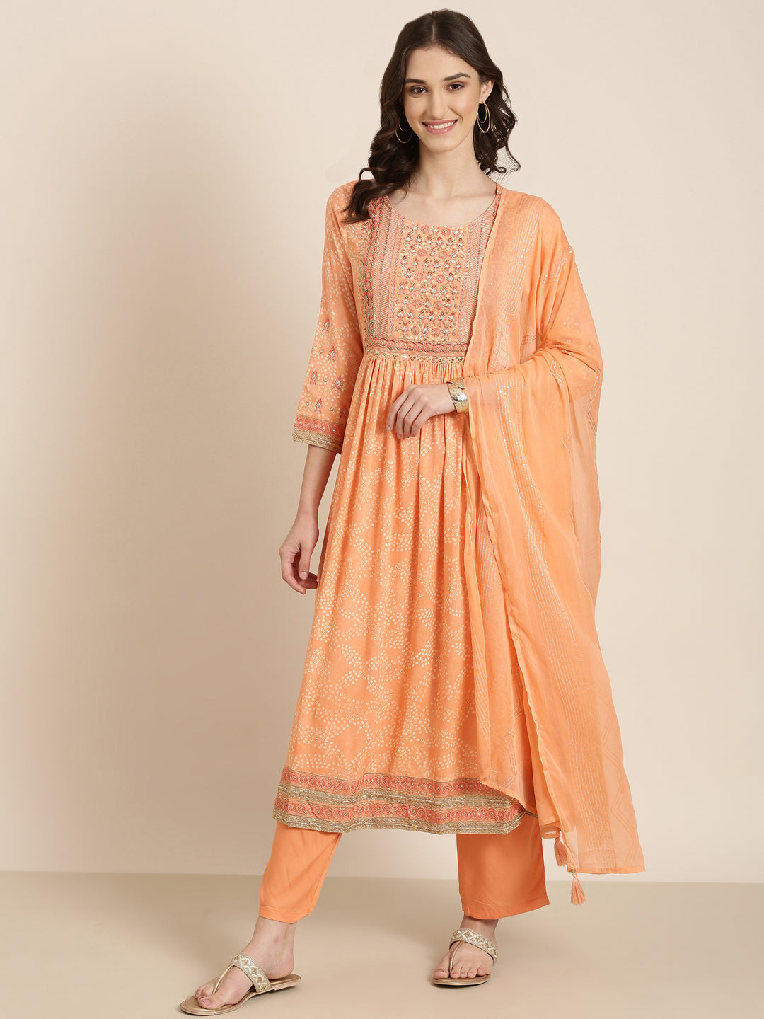 Women Peach Printed Kurta Set