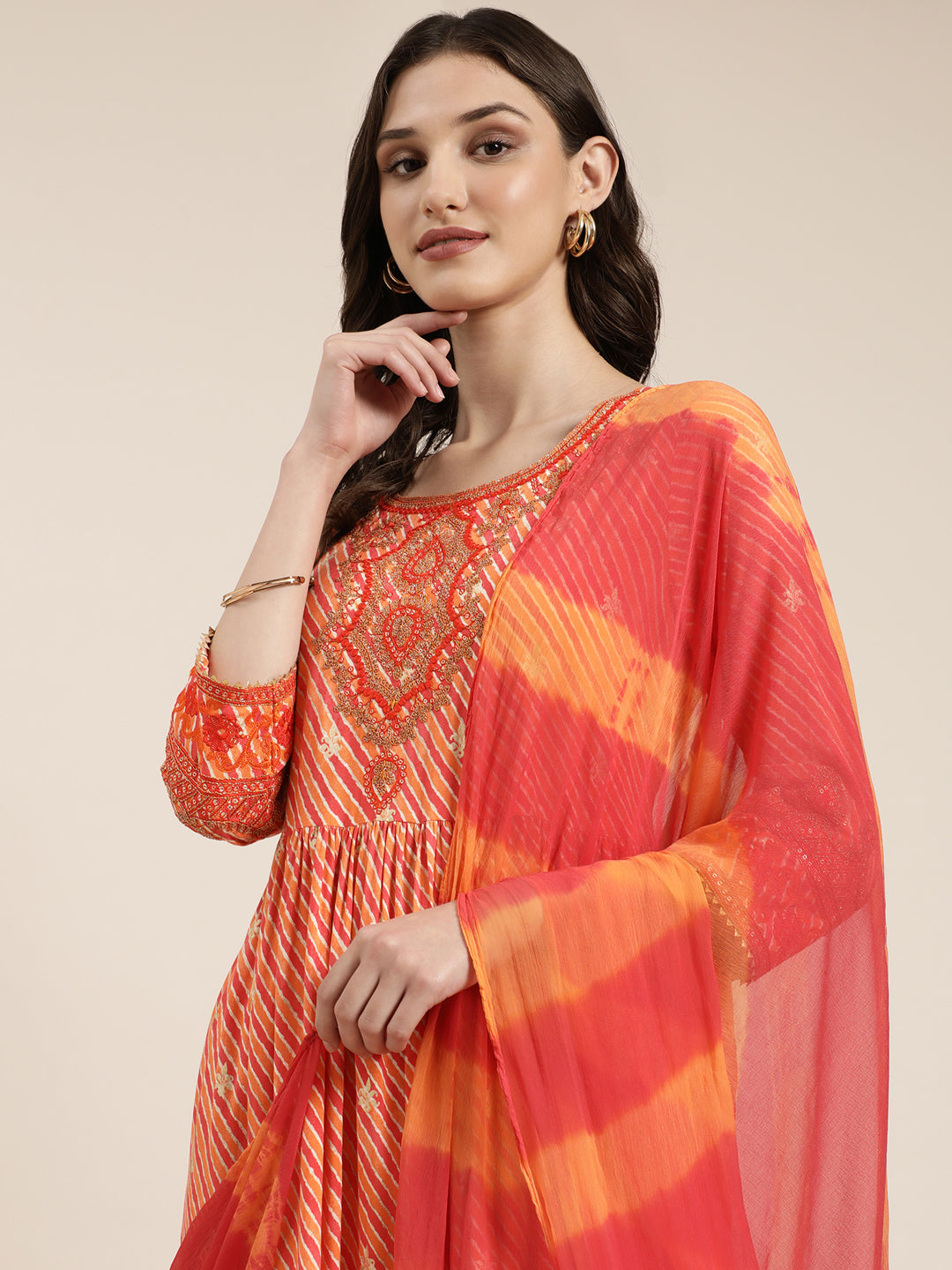 Women Orange Striped Kurta Set