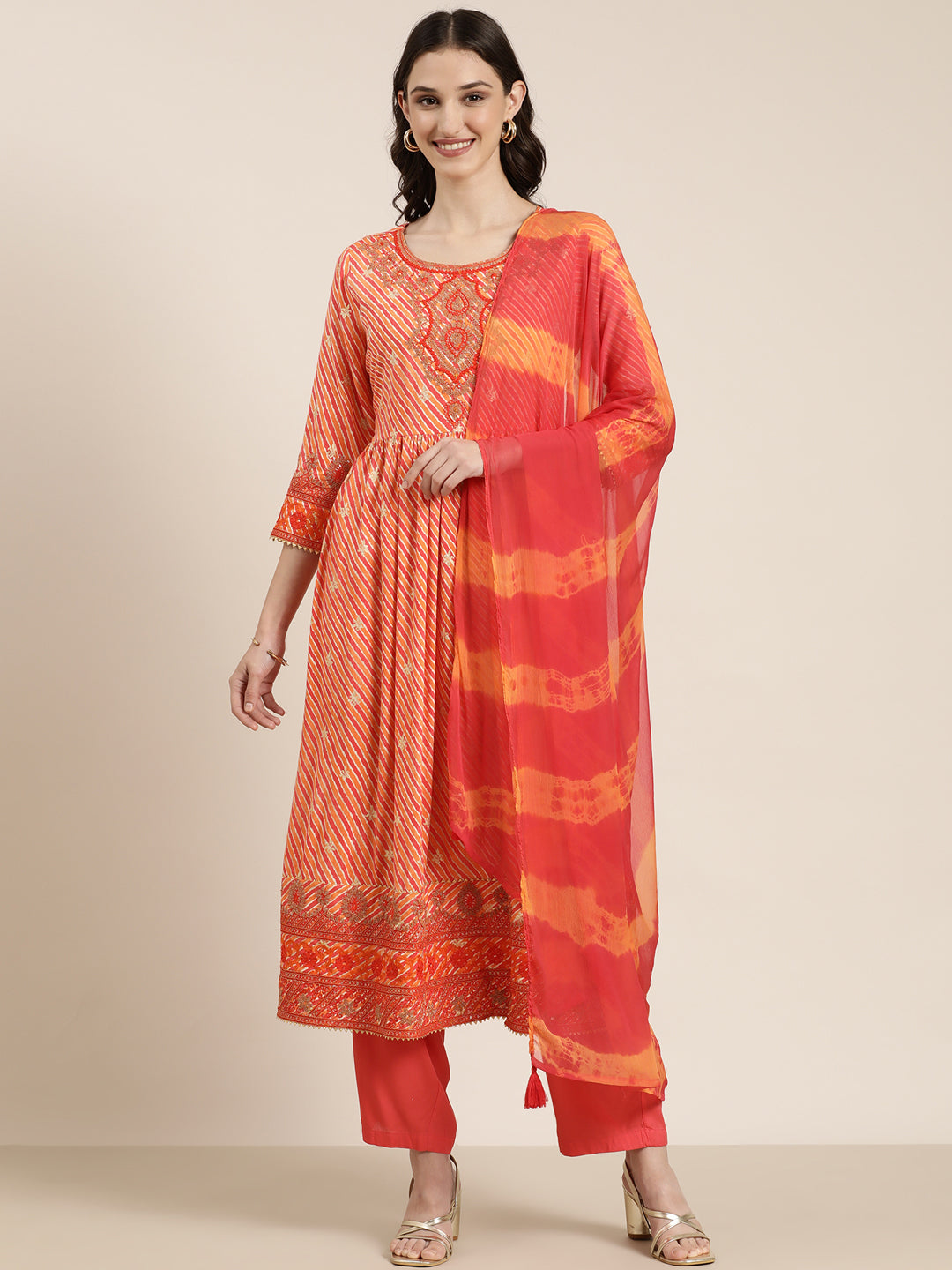 Women Orange Striped Kurta Set