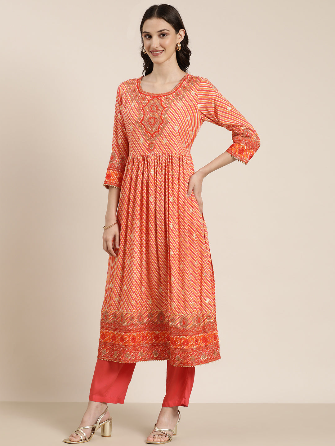 Women Orange Striped Kurta Set