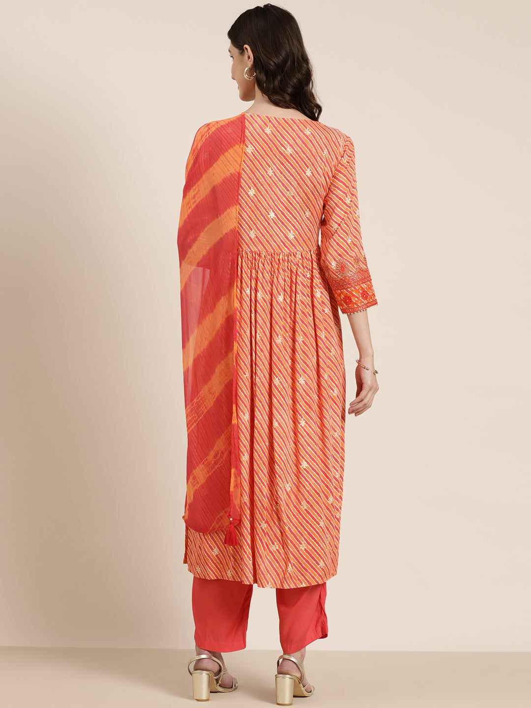 Women Orange Striped Kurta Set