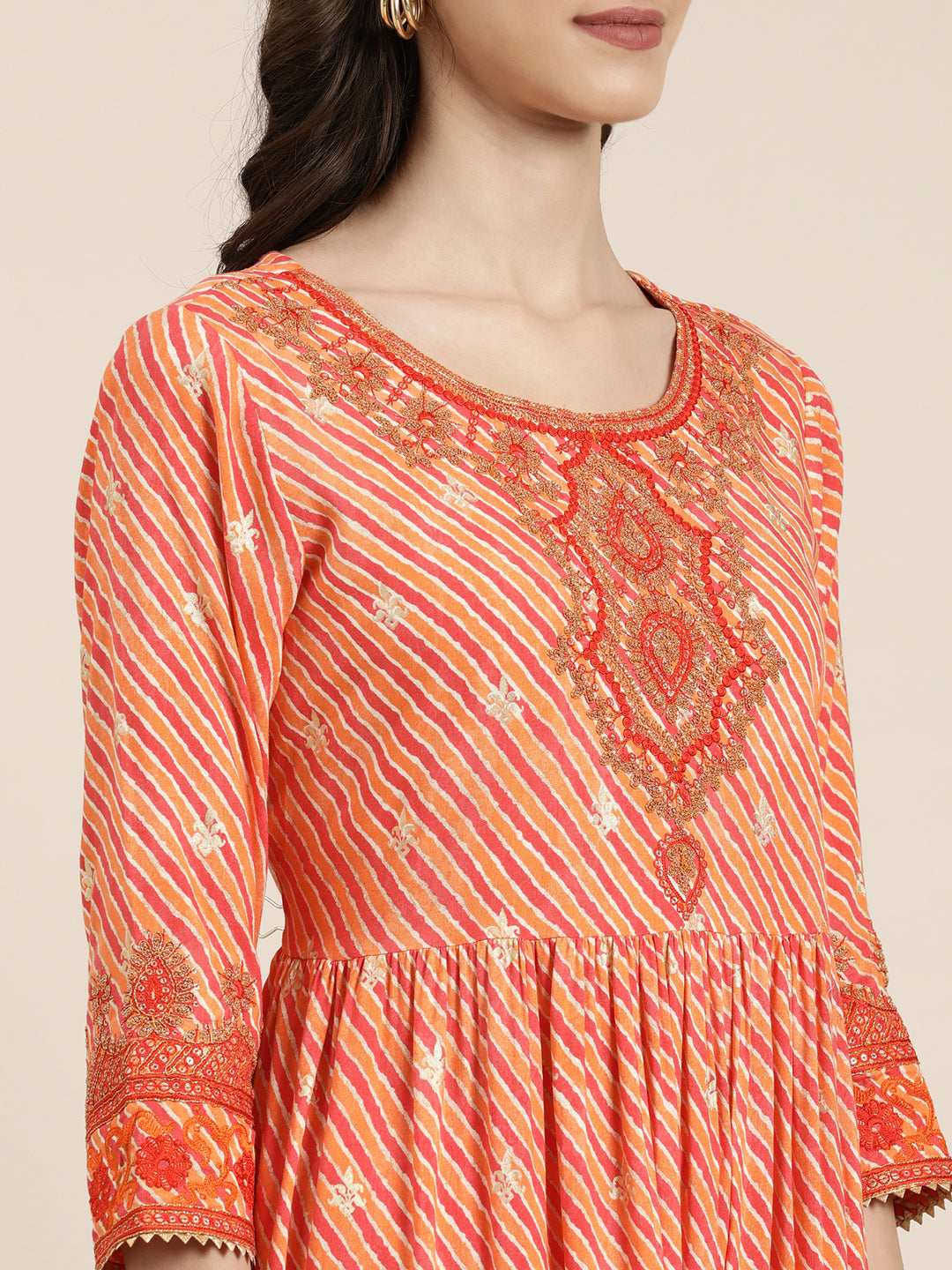 Women Orange Striped Kurta Set