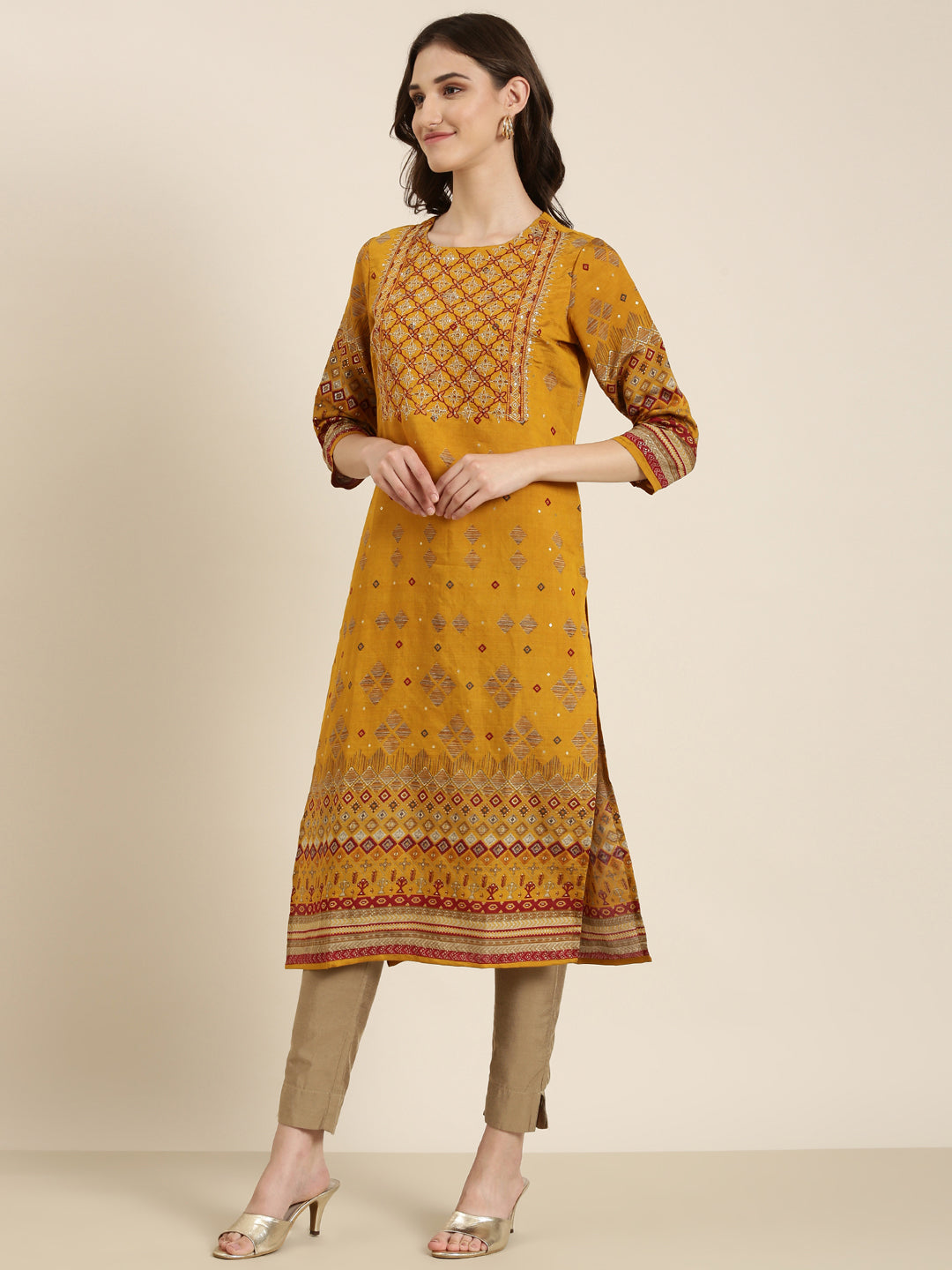 Women Mustard Embellished Straight Kurta