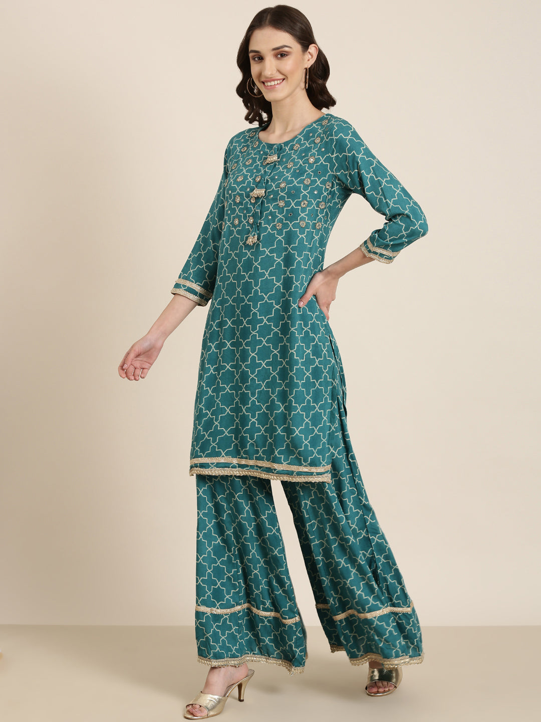 Women Teal Geometrical Kurta Set