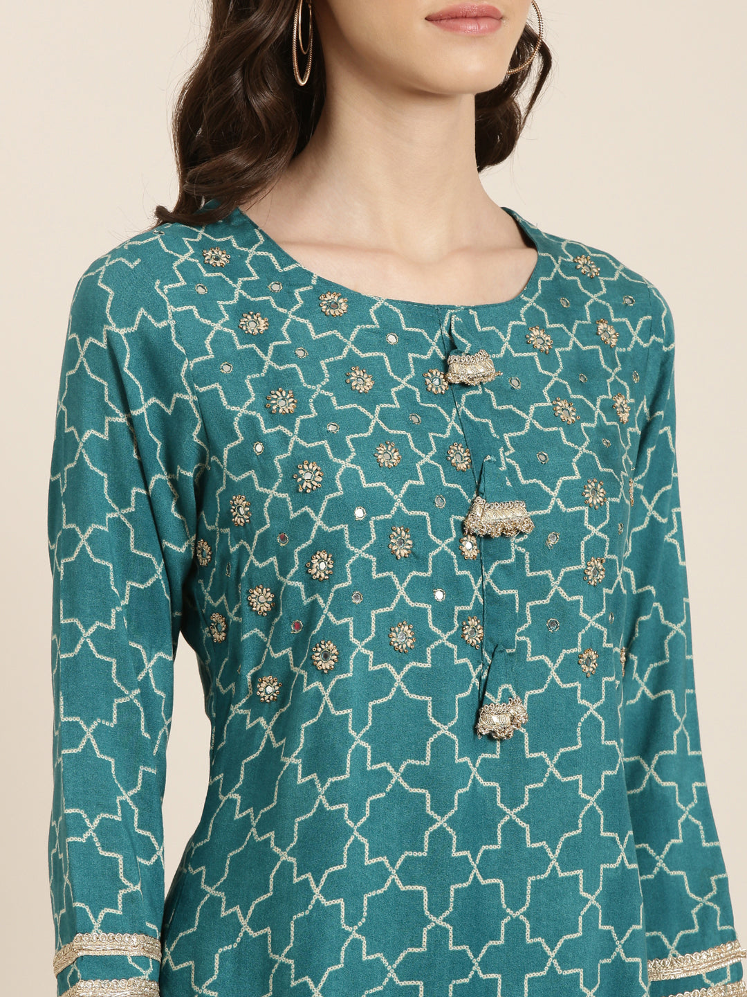 Women Teal Geometrical Kurta Set