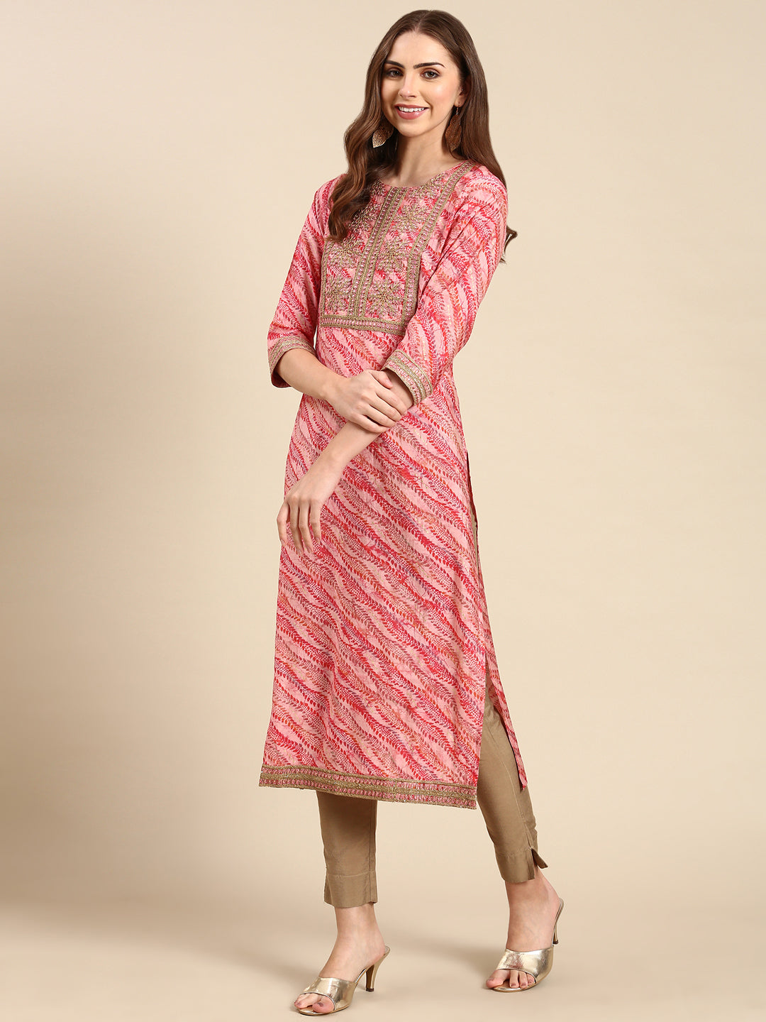 Women's Pink Printed Straight Kurta