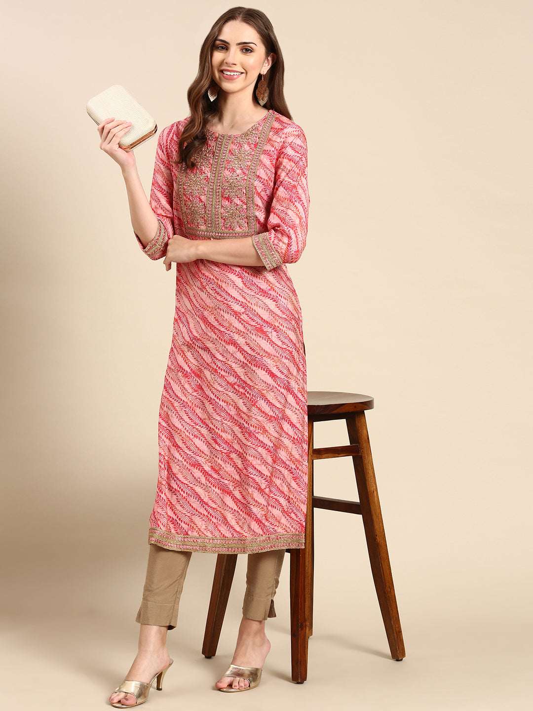 Women's Pink Printed Straight Kurta