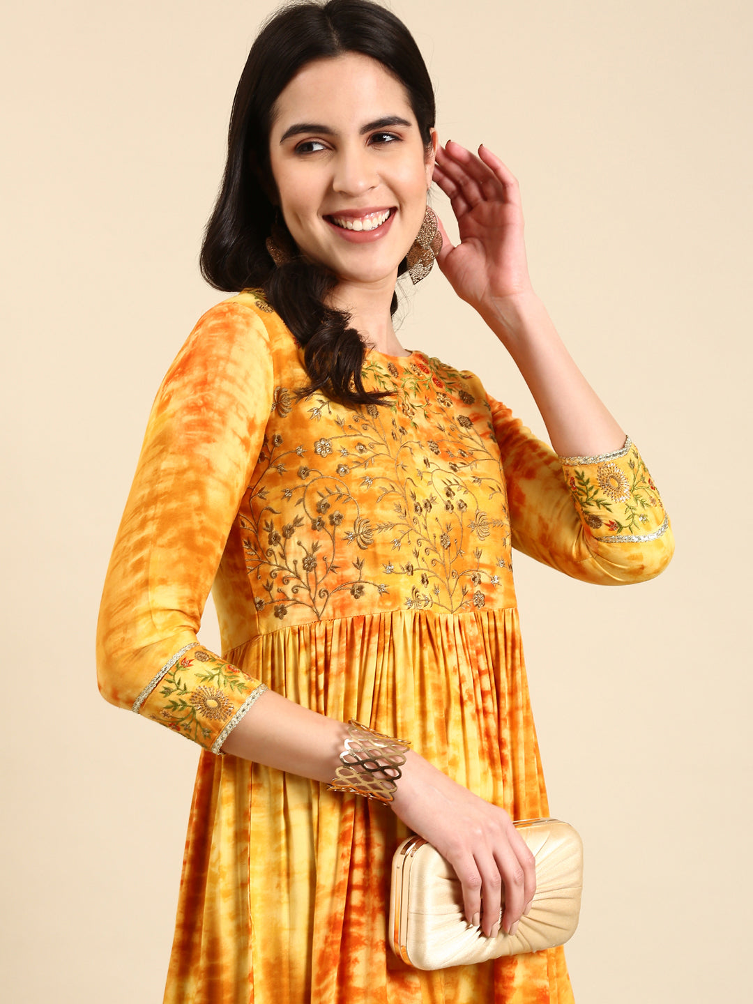 Women's Mustard Tie Dye Anarkali Kurti