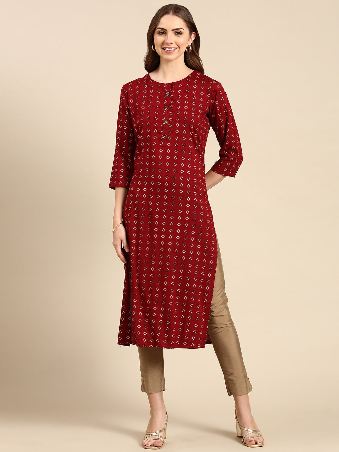 Women's Maroon Printed Straight Kurta