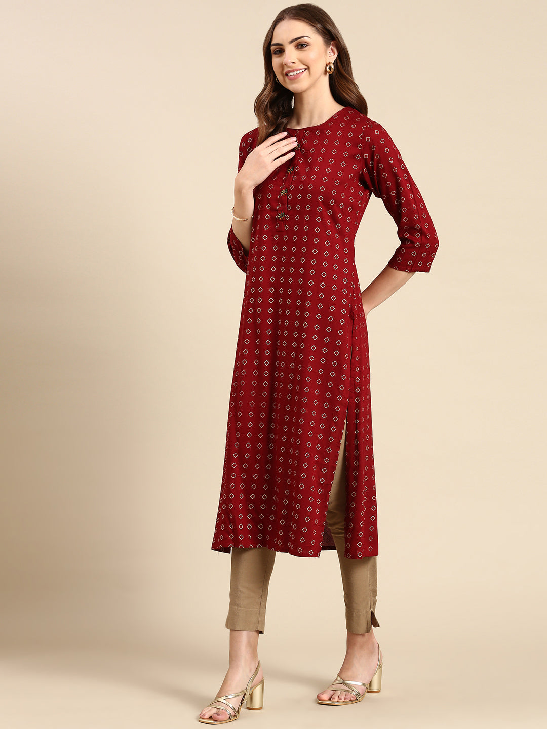 Women's Maroon Printed Straight Kurta