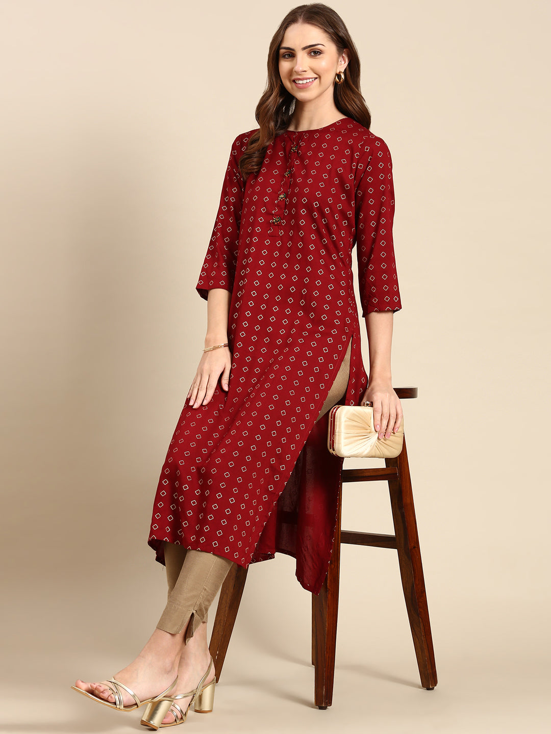 Women's Maroon Printed Straight Kurta