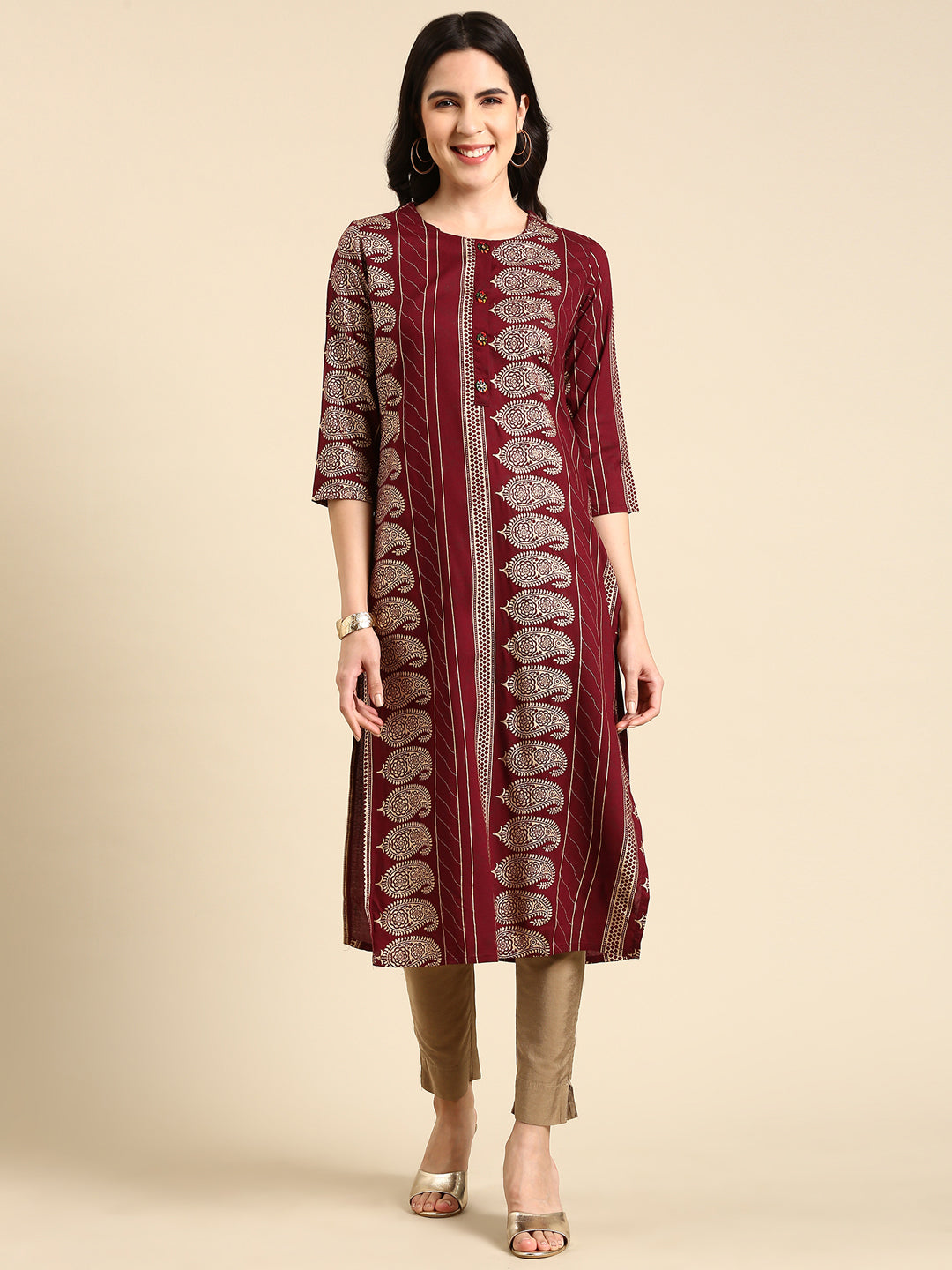 Women's Burgundy Printed Straight Kurta