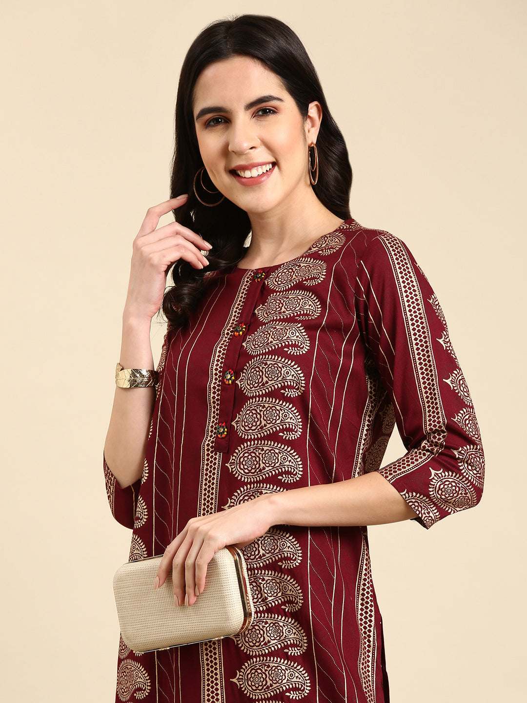 Women's Burgundy Printed Straight Kurta