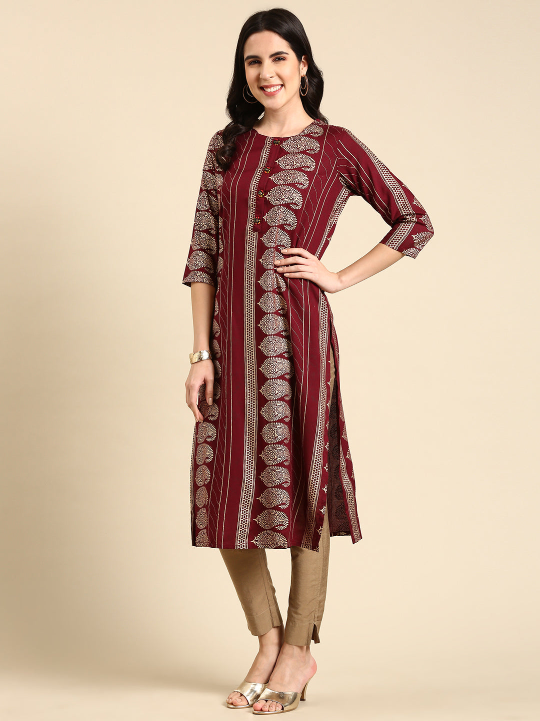 Women's Burgundy Printed Straight Kurta