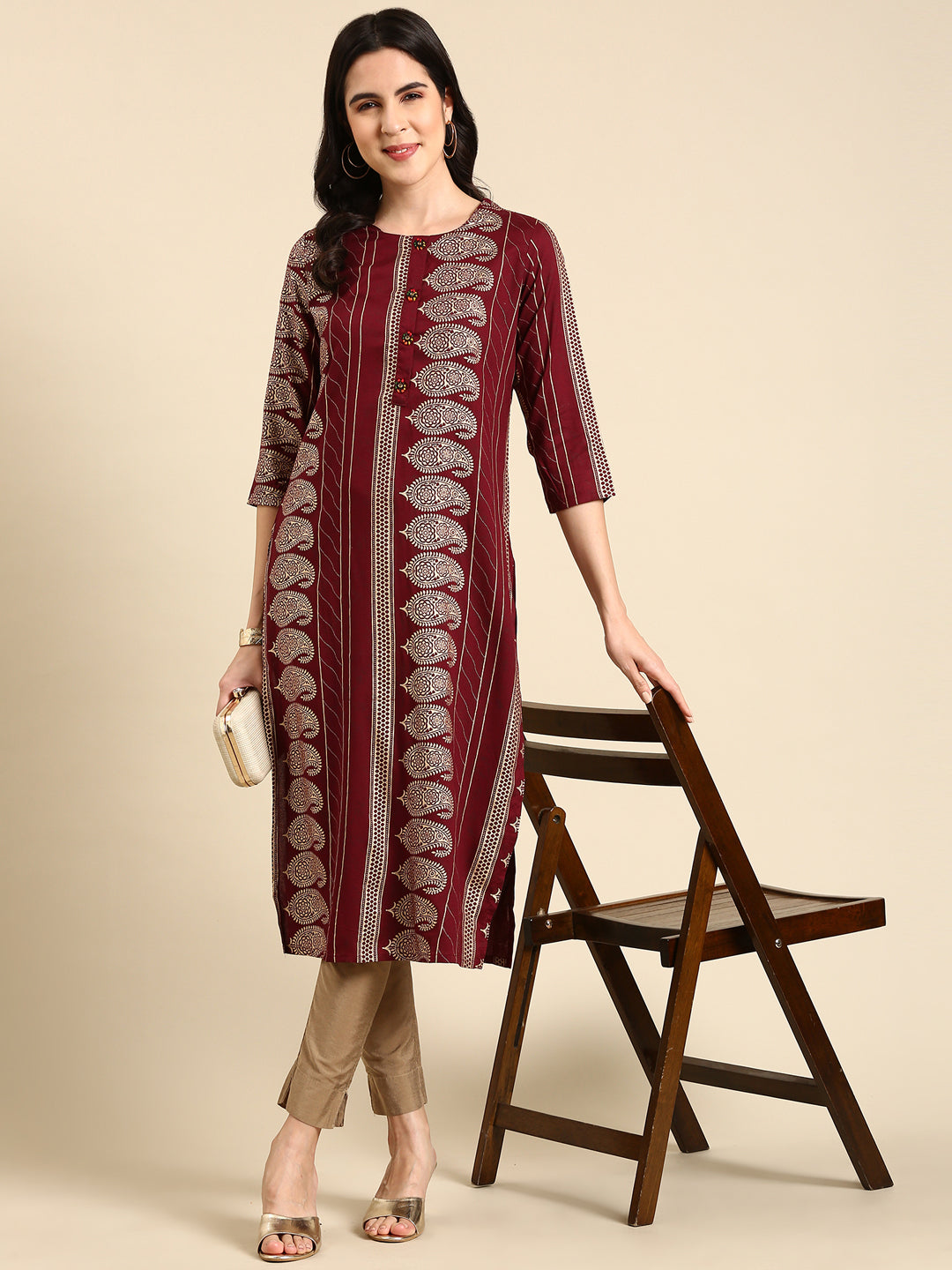 Women's Burgundy Printed Straight Kurta