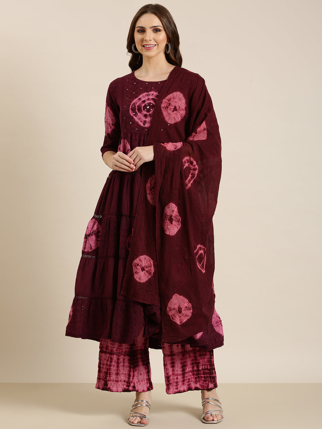 Women Maroon Woven Design Anarkali Kurta Set