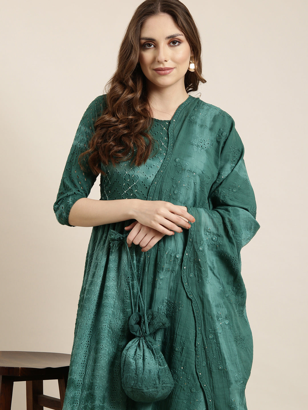 Women A-Line Sea Green Ombre Kurta and Trousers Set Comes With Dupatta and Potli Bag