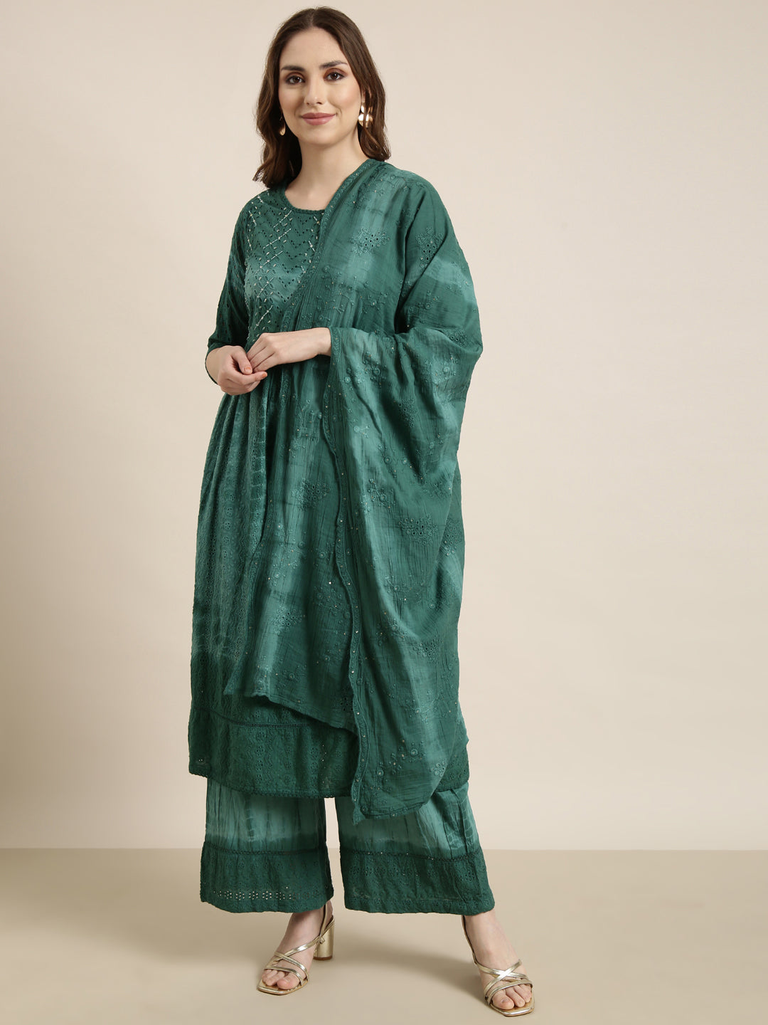 Women A-Line Sea Green Ombre Kurta and Trousers Set Comes With Dupatta and Potli Bag