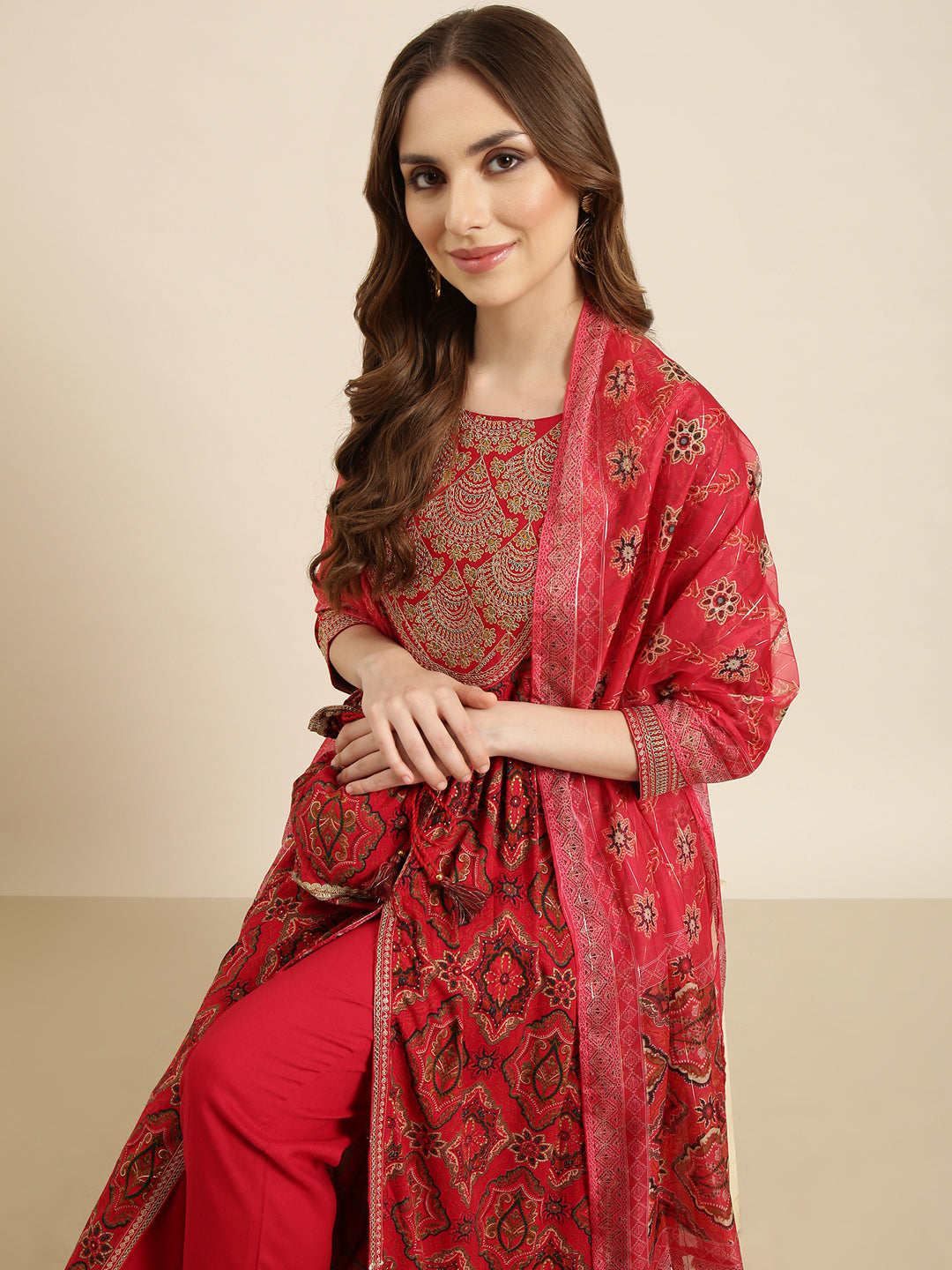 Women Anarkali Red Ethnic Motifs Kurta and Trousers Set Comes With Dupatta and Potli Bag