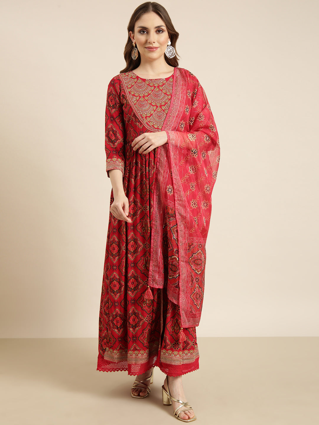 Women Anarkali Red Ethnic Motifs Kurta and Trousers Set Comes With Dupatta and Potli Bag