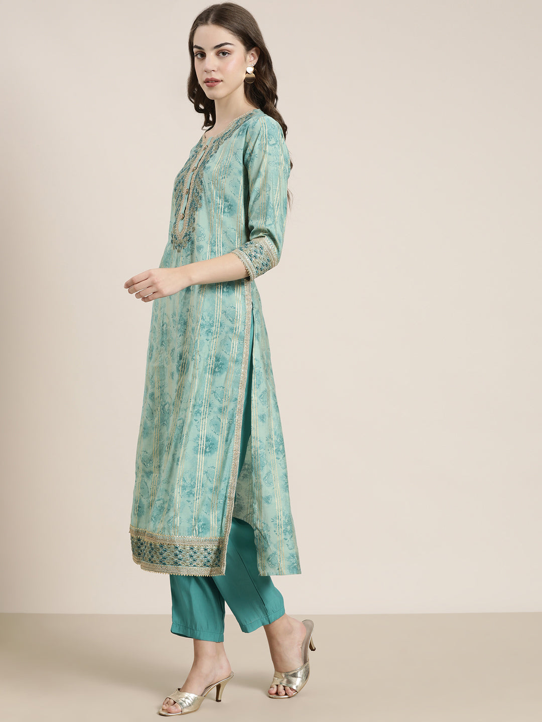 Women Sea Green Striped Kurta Set