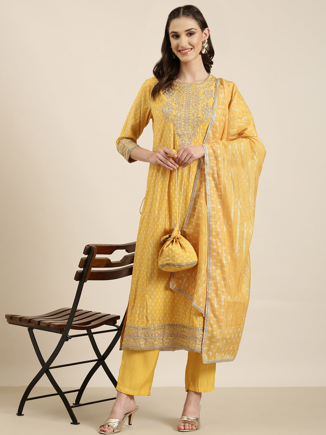 Women Yellow Geometrical Kurta Set